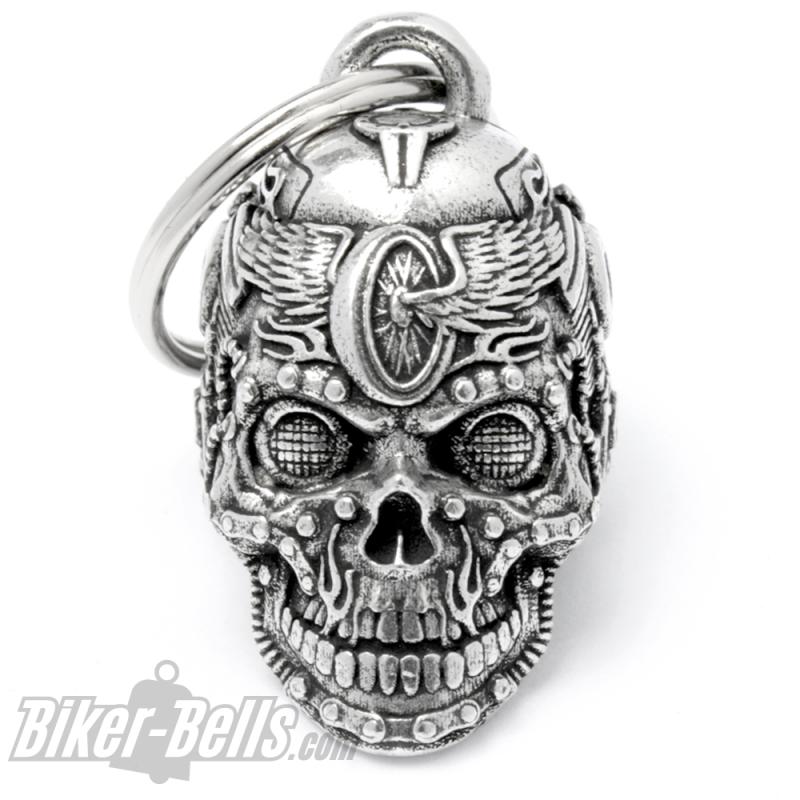 Geilste Biker-Bell ever Totenkopf Motorblock Tank Rad mit Flügeln Flammen Ride Bell